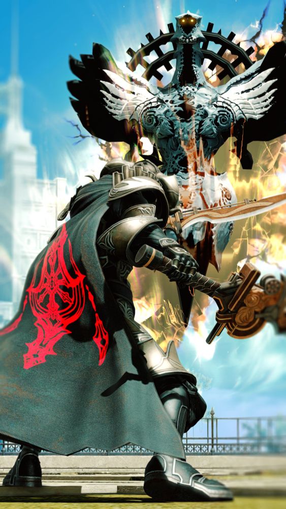 a man in judge magister's plate stands at the unfamiliar peak of a lighthouse which should be known to him. his twinblades are raised in an attempt to shield himself from buffeting winds and an overwhelming force from the entity before him: that god-like creature known as Occuria, its eyes aglow with malice, its winged, statuesque form imposing, crackling with aether that visibly burns in shades of gold. behind it is a rift, a tear in the very fabric of space itself — the Occuria's path into this world, to be sure, and perhaps the judge's path homeward — glowing the same sickly-bright orange as burning Mist, as that which radiates from the Sun-Cryst at the Pharos' peak.