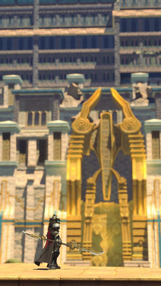 a man in full plate armor stands before the lighthouse upon the Ridorana Cataract, its great golden doors imposing in the distance, its structure so impossibly tall that it takes up the entire frame. in his hand is a conjoined pair of twinblades, but one mark of his former station; at his back flies the other, the emblem of a distant empire embroidered in bright red upon his black cape.