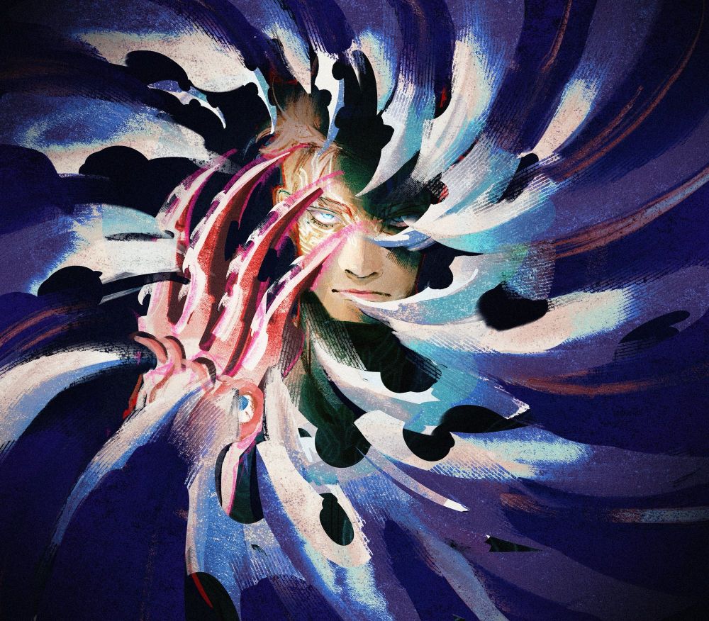 TRIGUN STAMPEDE’s MILLIONS KNIVES surrounded by Knives, all pointing towards him, red claws contrasting the blue hues, only one, glowing eye visible. 