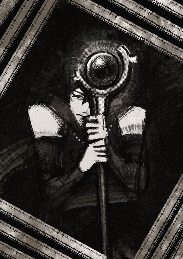 Gray from Void Stranger holding the Void Rod, framed by square-looking walls. Black & White. Drawn digitally on Procreate. 