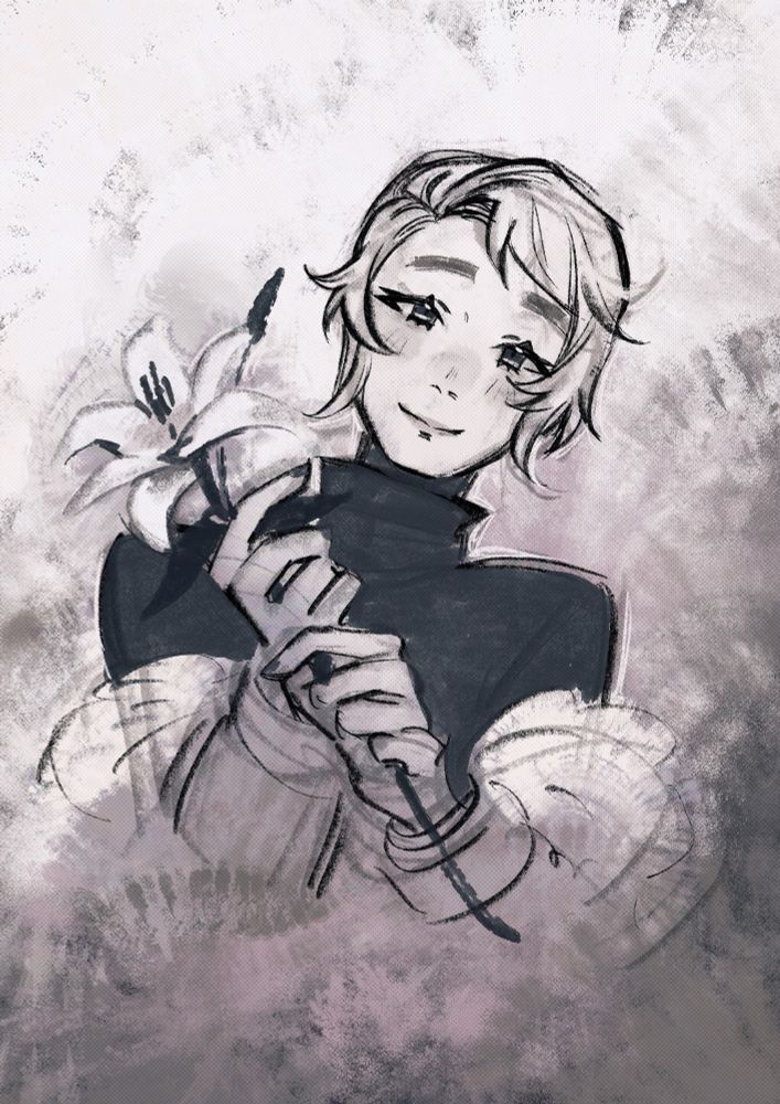 L***** from Void Stranger, holding a Lily. Black & White. Drawn digitally on Procreate. 