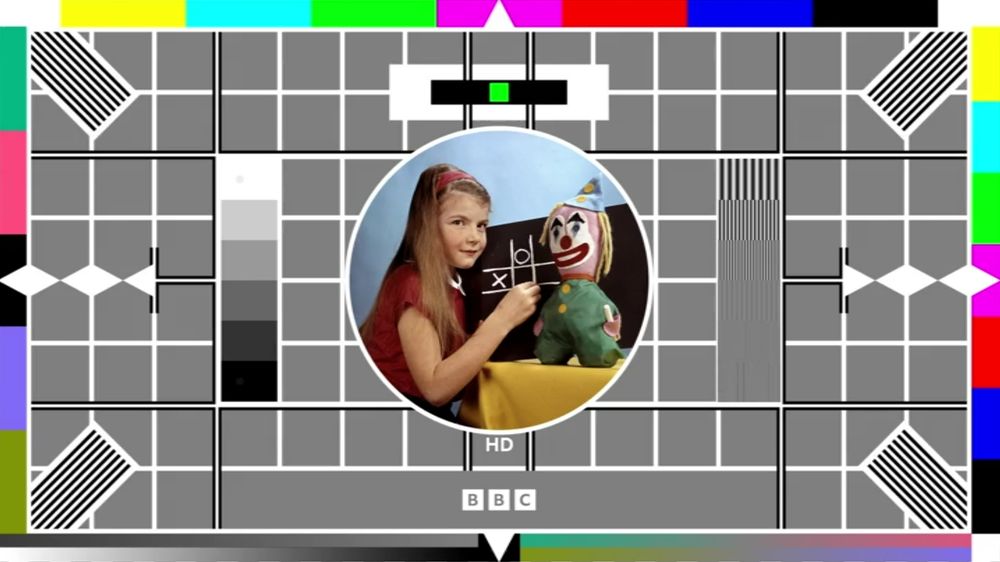BBC HD Test Card with a smaller BBC logo in the ident bar, and the letters HD where the version letter goes 