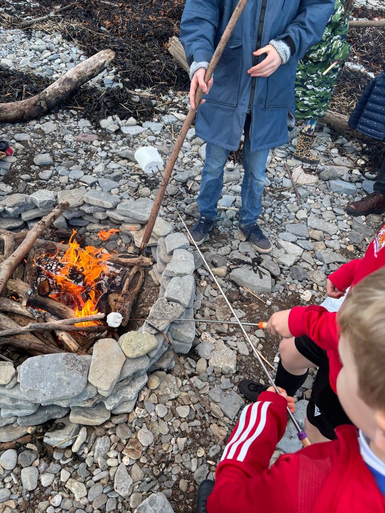 Bonfire amid a stone circle with children cooking marshmallows 