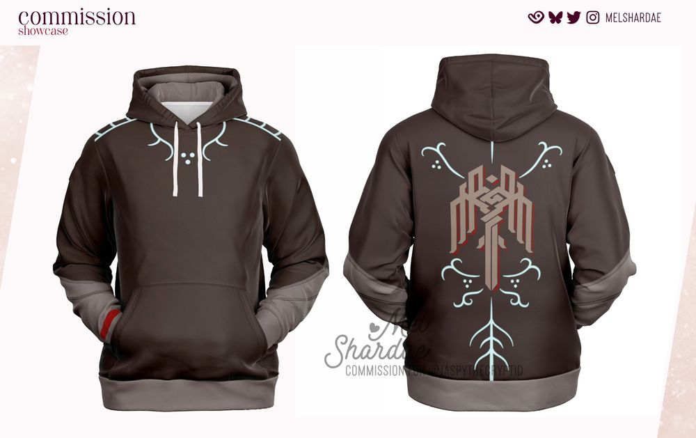 Commission showcase of front and back mockups of a Fenris-inspired pullover hoodie. It is deep grey-brown with the Kirkwall symbol on the back, lyrium markings on the back and upper chest, and silver armor and one red Hawkemance band at the wrists.