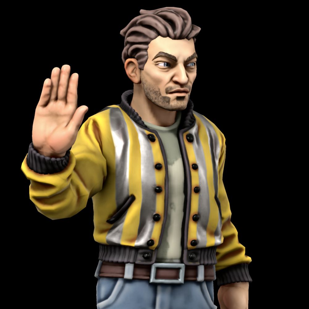 a weathered man with thick stubble, wearing a yellow reflective jacket over a stained t-shirt and jeans. he waves the viewer away with a dismissive expression.