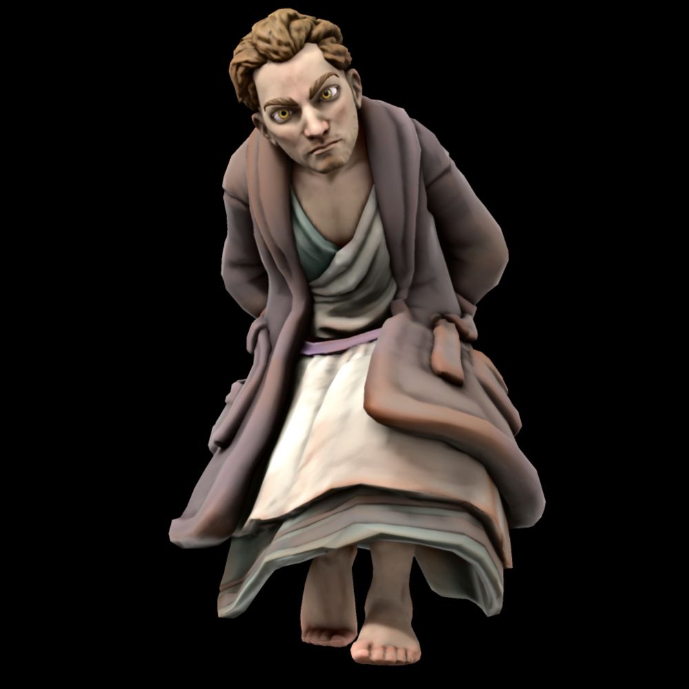 a man with sharp features and piercing yellow eyes, dressed in dusty, stained layers of sheets and robes. he hunches over the viewer with his hands behind his pack, staring them down.