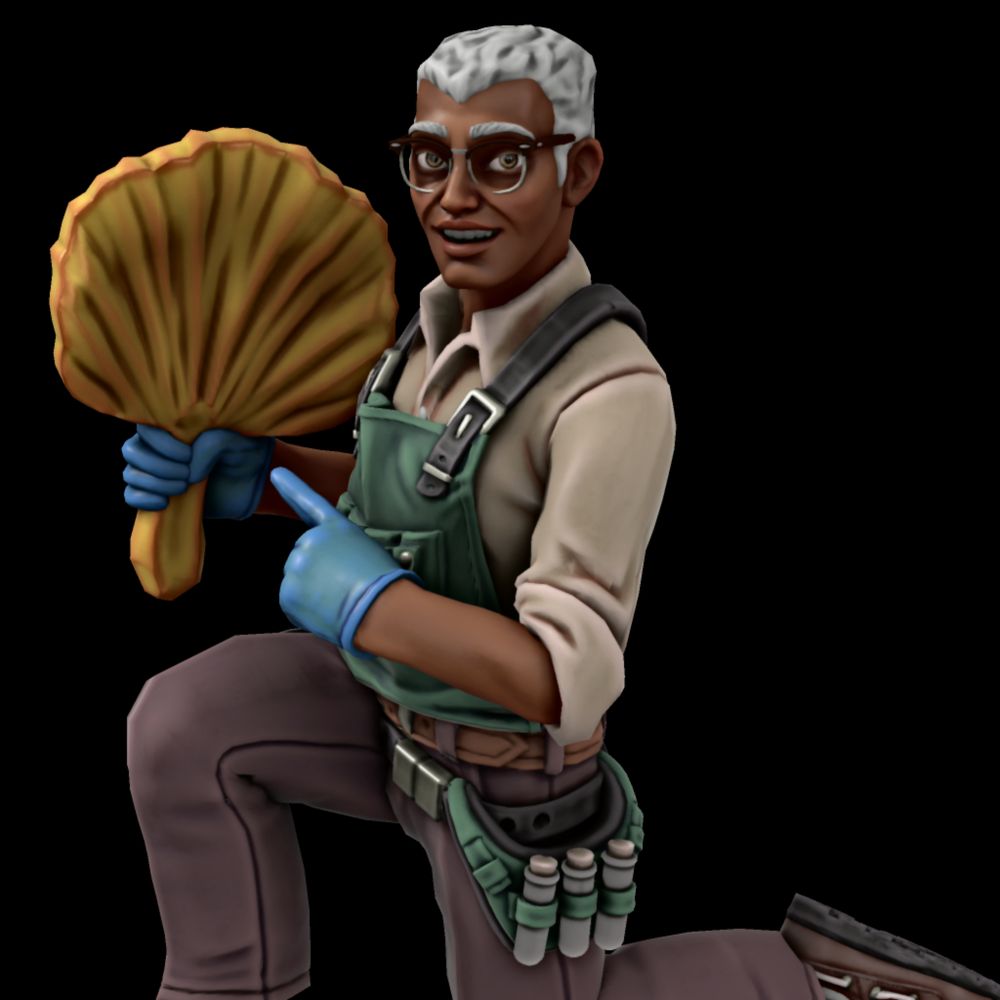 a man in gardening wear, blue plastic gloves and spectacles. he smiles at the viewer from a kneeling position, thrilled at a fungal discovery.