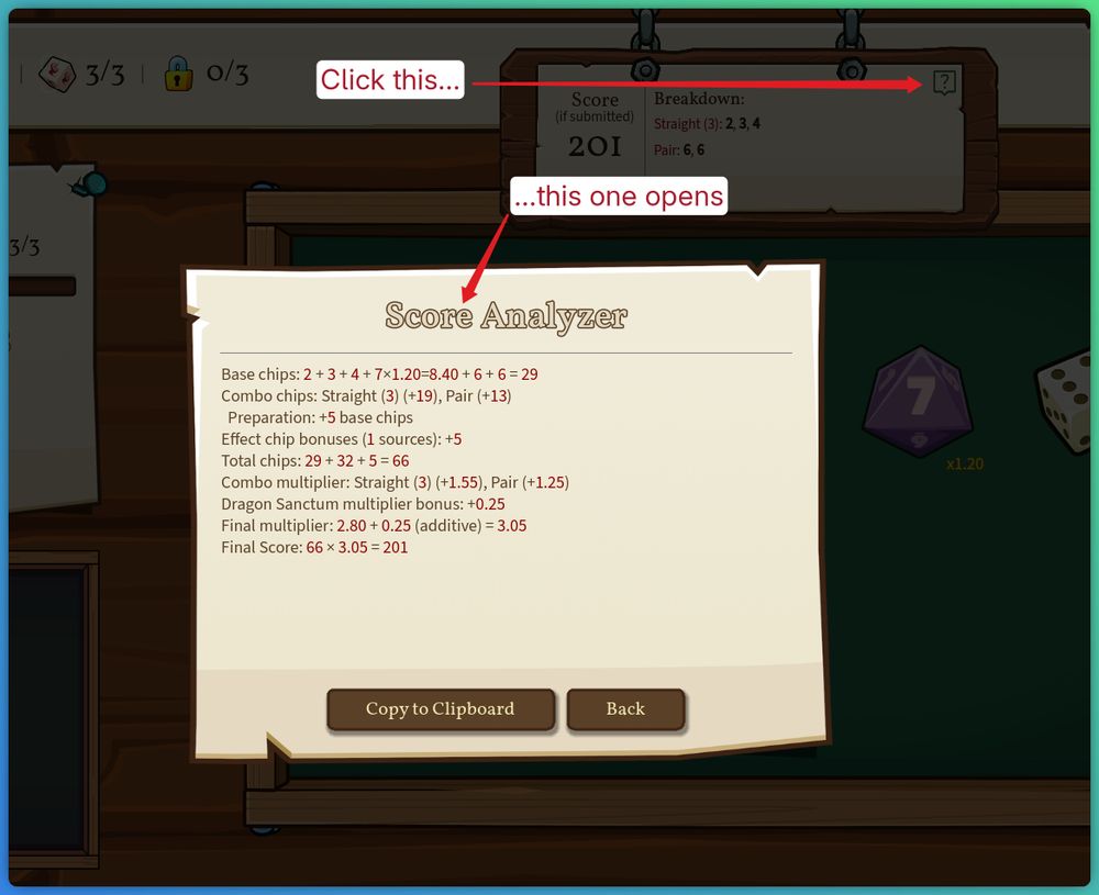 Dicey Bizniz's score analyzer in action: see a full breakdown of how your current score has been calculated!