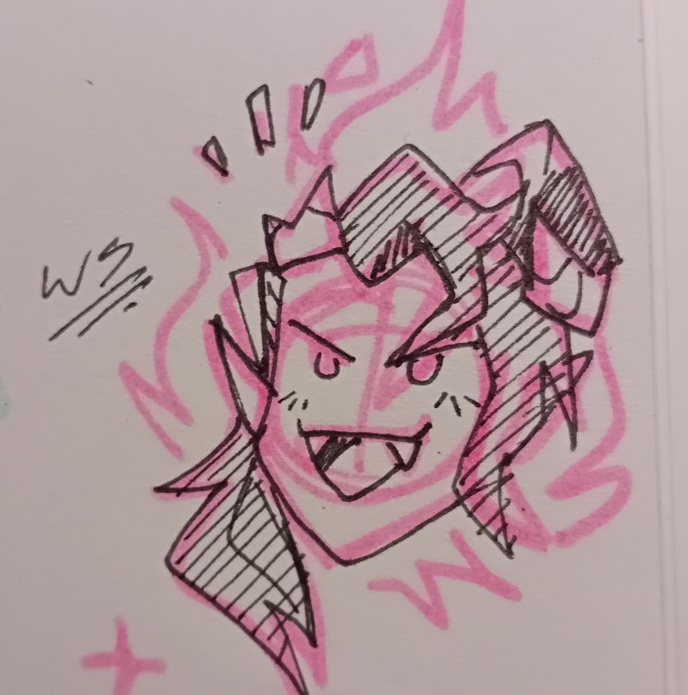 Quick, rough sketch showing a cute, stylised version of Baldur's Gate 3 companion character, Karlach (aka best girl, aka Queen, aka marry me pls)