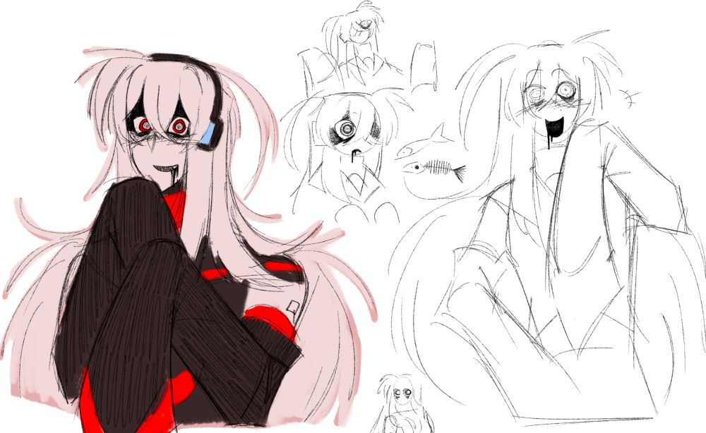 Digital pencil-like sketches of the UTAUloid Sukone Tei. She looks haggard, with wide eyes and a nondescript black fluid dripping from her mouth.