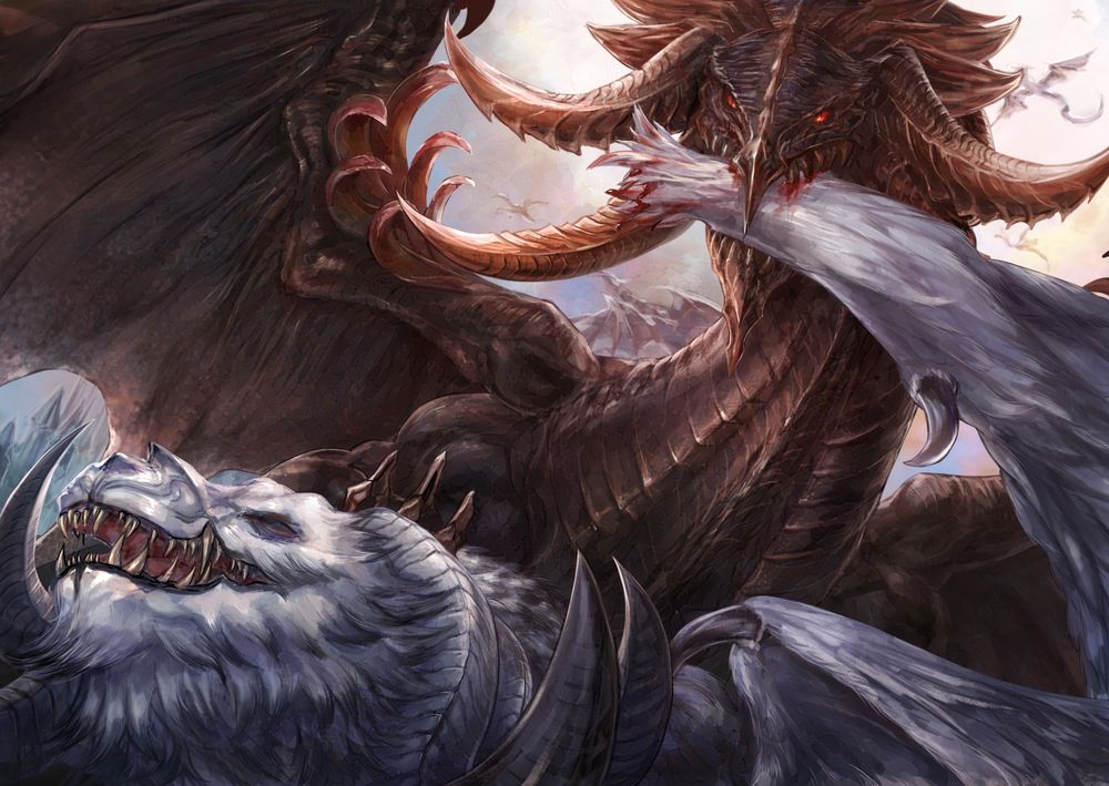 Nidhogg, a black dragon with many jagged and gnarled horns and scales, stands triumphant over his brother Hraesvelgr, a white dragon with feathers and ram-like horns. Hraesvelgr wears an expression of intense pain. Nidhogg has ripped out one of his wings, holding it aloft in his fanged maw, and has a claw pinned on his brother's head. In the background, lesser dragons fly through the skies and advance on the city of Ishgard.
