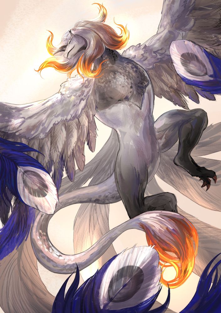 Helio, Arukanoda’s character from her wyvern/bird-like “Arvani” original species, in a dramatic flying pose. His mane and tail are lit up in flames, contrasting with his plumage of white, grey, and indigo.
