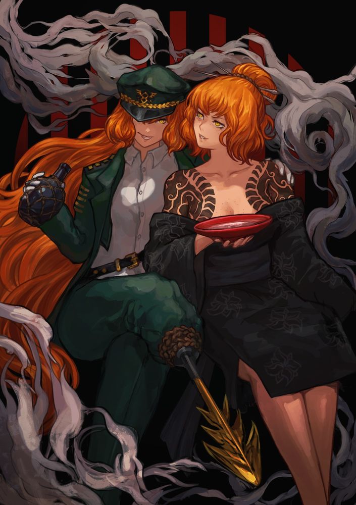 Pequod Captain Ishmael and Kurokumo Captain Ishmael from Limbus Company sitting and drinking together, while smoke billows around them ominously. Both of them have wicked grins. Pequod is sitting with crossed legs and her bladed prosthetic pointed at the viewer. She has one hand on Kurokumo's shoulder and a ropeworked bottle of rum in the other, while Kurokumo is holding a wide sakazuki full of sake.