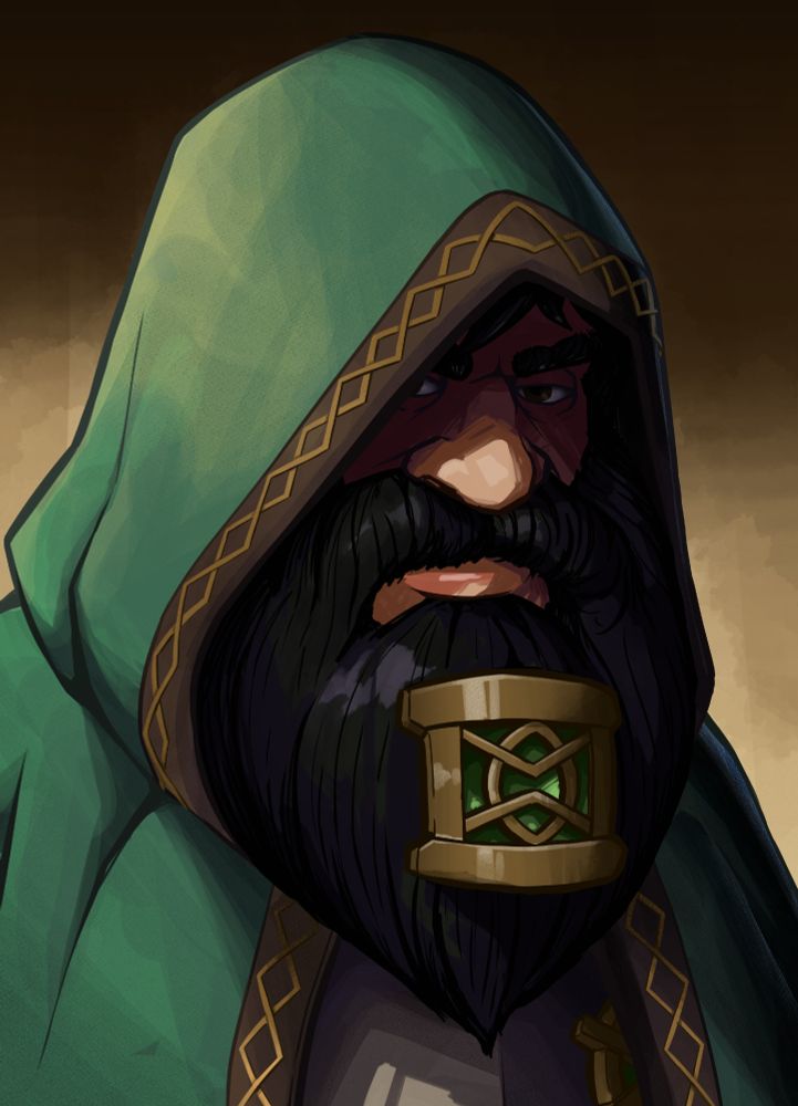 A portrait of a rough and messy haired dwarf, adorned with a brass sigil on his beard and a fancy hooded cloak.