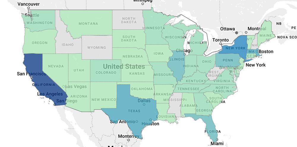 Heatmap of NIH diversity supplements per state. From NIH Reporter.