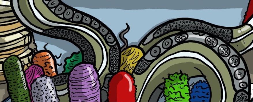 Cartoon illustration of C. elegans nematodes and their microbiome. By Adrien Assié.