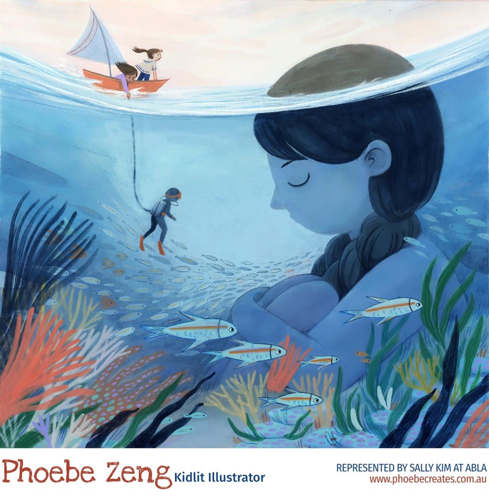 A big girl sitting on the seabed, surrounded by beautiful fish and coral, with her eyes closed, contemplating. A group of little friends discovered her and sent a diver to approch her. 