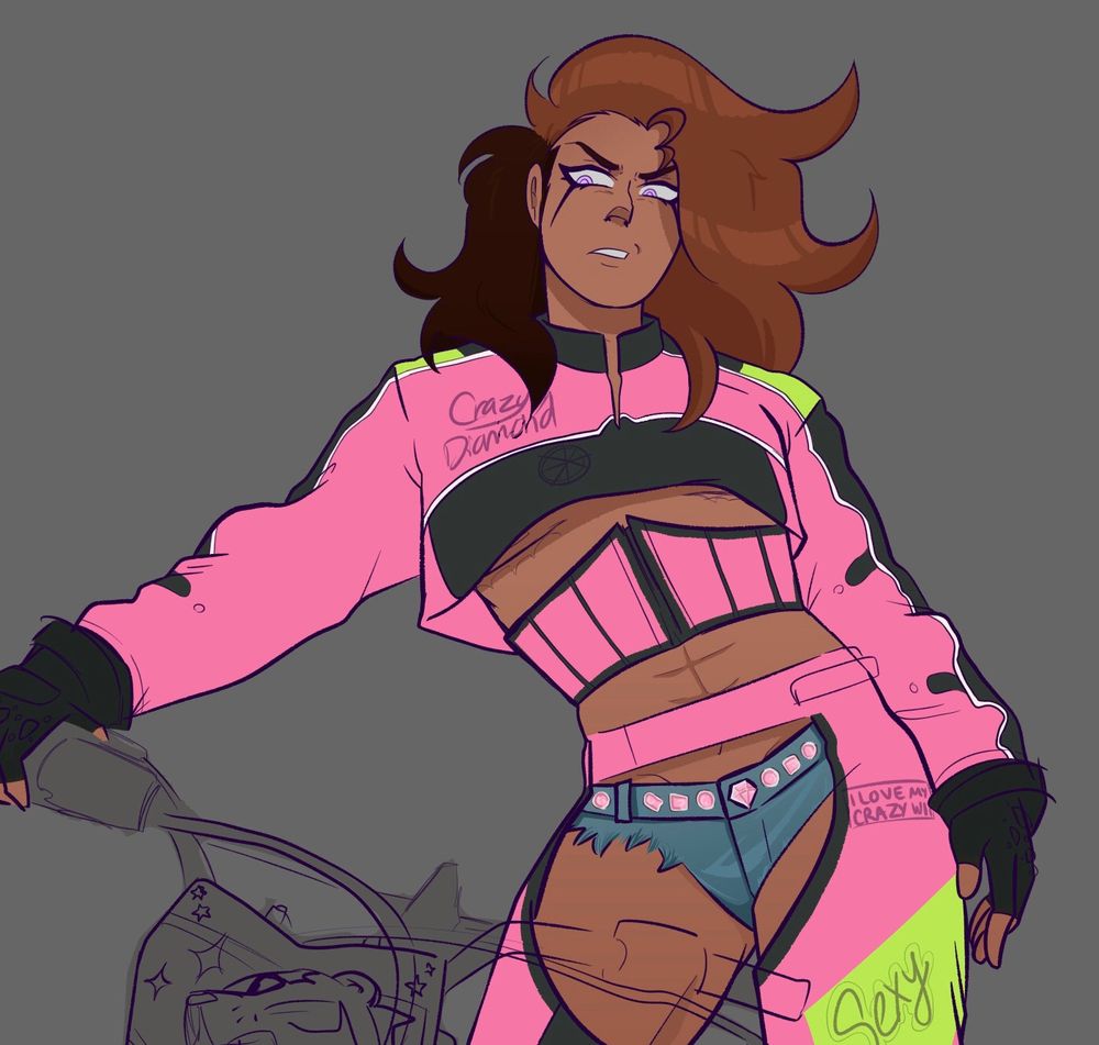 Mondo Owada from Danganronpa is drawn striking a pose behind a motocross bike while wearing the outfit, and replicating an image, from Chappell Roans’ ‘Femininomenon’ photoshoot. 