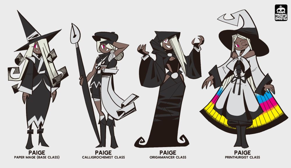 Paige, the paper mage, and her three different sub-classes. In her base class, Paige wears a black and white outfit with a pointy wizard hat, a robe that has an open collar and long sleeves, a belt that goes across her chest, a long skirt that ends in a jagged cut just beneath her knees, and black boots. Paige's hair is white with a fading black halftone at the end, resembling strips of paper that is curling up. 

Paige's "Calligrochemist" class keeps her black and white theme but has her wearing a crop top, skirt, shorts, calf-height boots, gloves, a paperboy hat, a bandolier of ink, a duffel bag backpack, and wrapping underneath her clothes. Paige has scrolls of paper dangling from her left side, and welds a giant fountain pen. Paige hair is done in a large bun and is still white with a fading black halftone. 

Paige's "Origamancer" class continues with the black and white theme with the majority of the outfit being black. Paige now wears a large black "robe" that is made out of a singular folded black piece of fabric, leaving her chest exposed that is covered by a form of leotard with a cleavage window. Paige also wears metal wrist bands and gloves that go up to her middle finger. Paige's hair is now solid pieces that are folded over, creating a spikey look. 

Paige's "Printhurgist" class also has a black and white theme with white being the majority tone. Paige now wears a much more elegant white robe with exposed shoulders and a large bow and collar, with a wide flowing skirt and black trim. She also wears pants and boots, and a large wizard hat that is crooked at the top resembling jammed or crumpled paper. Her hair is now long and straight, and has CMYK at the end fading at the tips of it. 