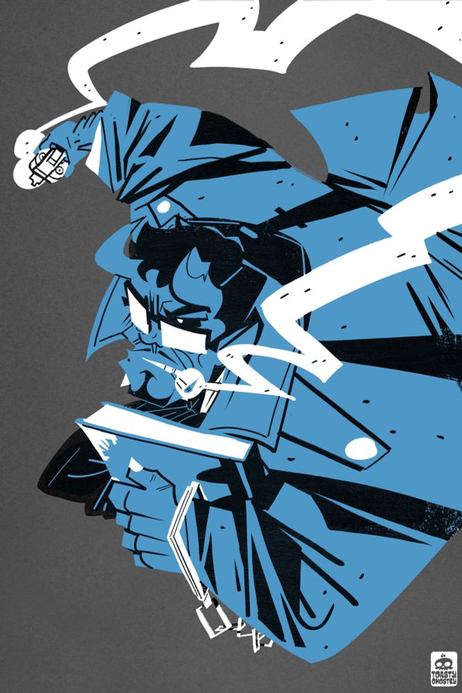 Blue, White, and Black image of the character Abrams from Deadlock charging forwards holding his tome - he is smoking a cigarette while holding his gun in his right hand which has a trail of smoke as well.