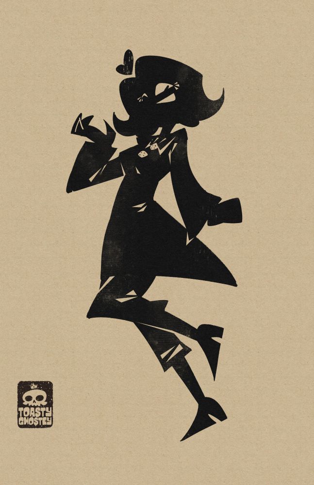 A stylized woman made of purely silhouettes. She is in a cutesy pose with one leg up.