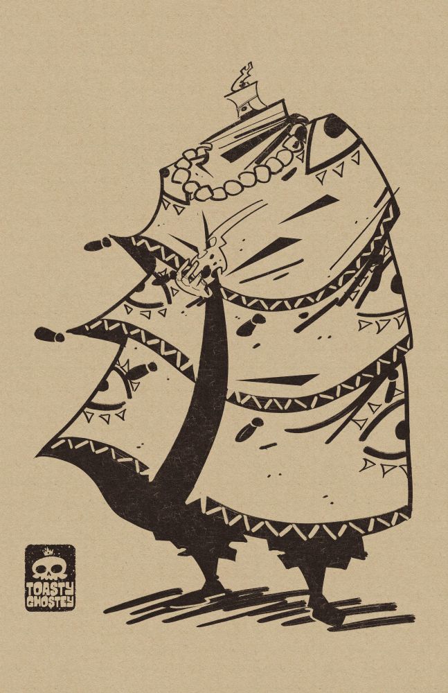 A large man mostly cloaked, in his hand he palms a fireball. The man is masked and has fire on his hat as well.