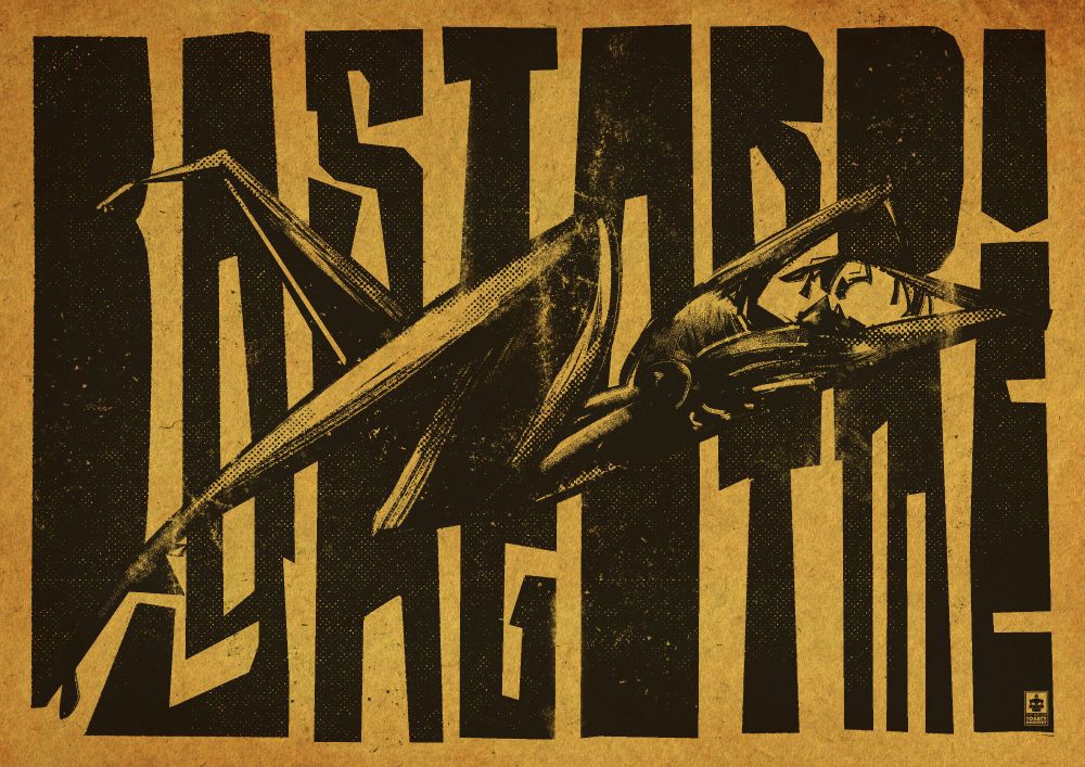 A figure writhing with the text "BASTARD! YA GOT ME" in the background. 