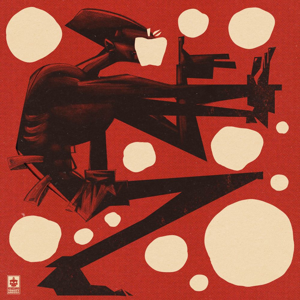 Image of a man grabbing his foot and doing a finger gun motion with his other hand. The background is red with several off-white dots and a single apple covering the man's face. Inspired by the Towa Tei album cover