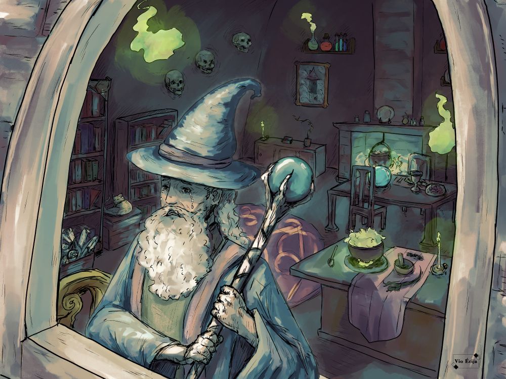 A wizard is looking out the window. He's crying and holding his staff tightly. The background is his study. 

Painted with darker colors.