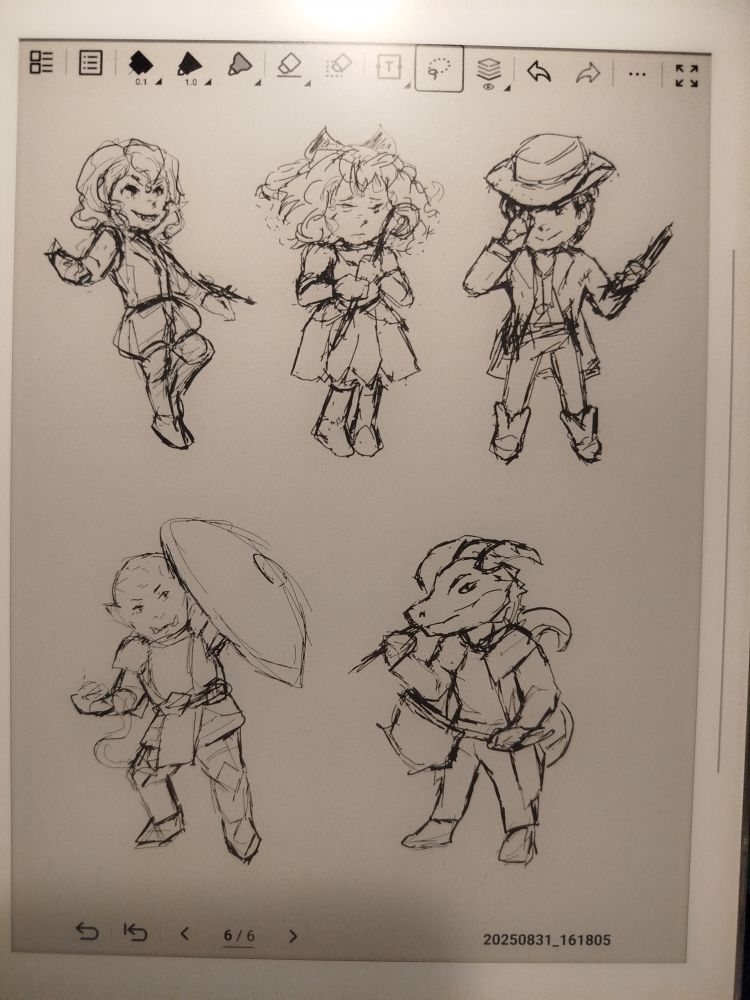 Chibi sketches of the party on a supernote.
Ruru, Lily, Flanagan, Plank and Aurux