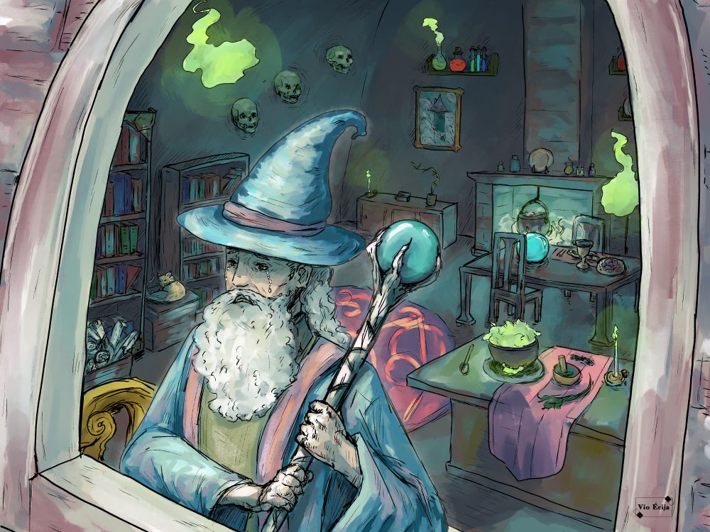A wizard is looking out the window. He's crying and holding his staff tightly. The background is his study. 

Painted with brighter colors.