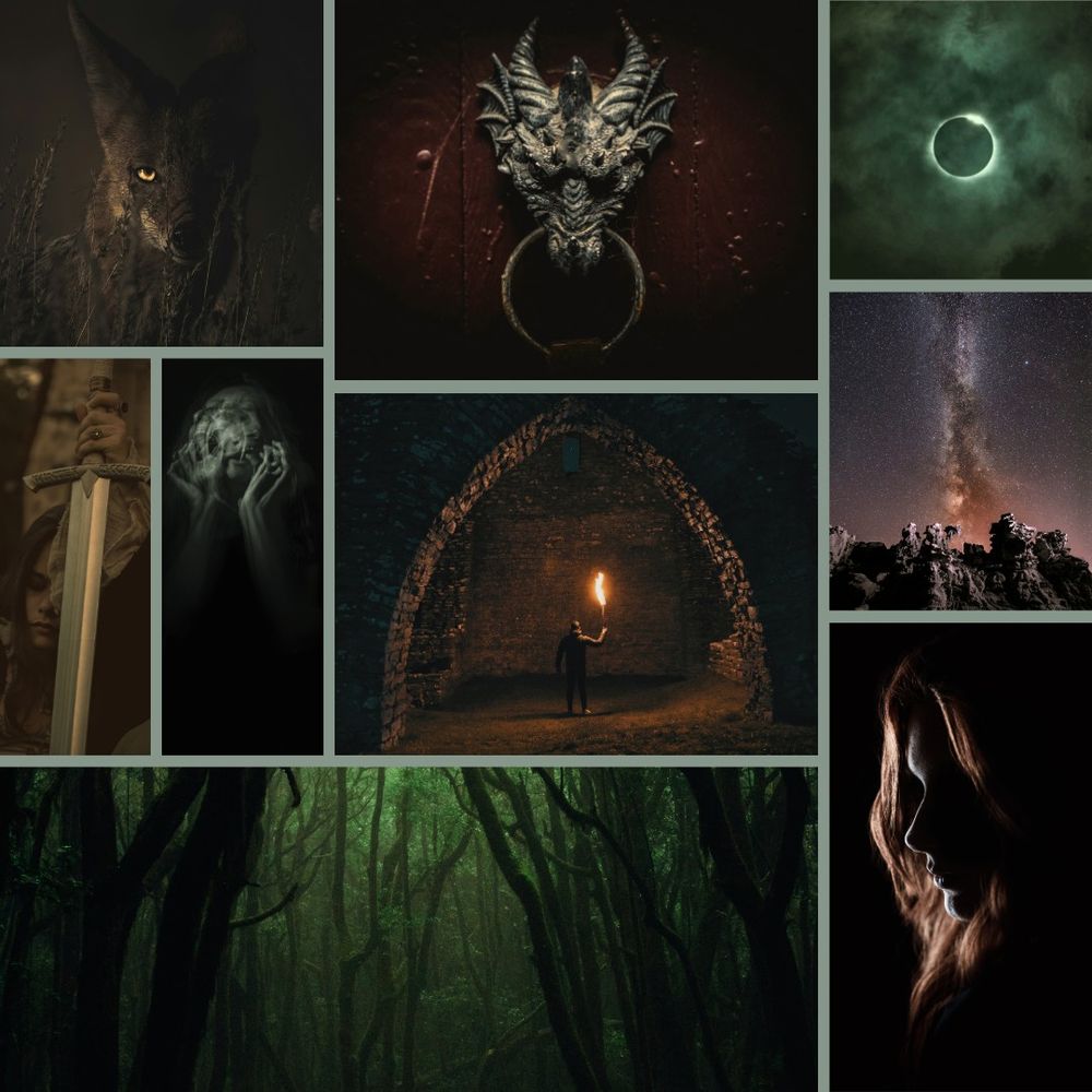 Photo collage with a dark aesthetic and reddish and green tones.
Top row: A fox stares out from the darkness, one eye visible; a door knocker fashioned like a dragon; an eclipse, the sky is swirling with green tinged clouds.
Middle row: A female warrior sits, propped up using the hilt of her sword; a double exposure of a face holding its hands like the scream but it's ghostlike and hard to discern the gender; a catacomb tunnel with a man holding a torch of fire; a strange unusual formation of rocks against the night sky with stars visible.
Bottom row: a murky dark forest with twisted limbs and green atmostphere; the profile of a woman, long hair loose, she's in silhouette surrounded by darkness.