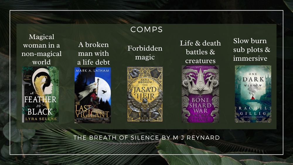 A photo of a rainforest with the Title "Comps":
A Feather so Black - magical woman in a non-magical world
The Last Vigilant - A broken man with a life debt
The Jasad Heir - Forbidden magic
The Bone Shard War - life & death battles & creatures
One Dark Window - slow burn sub plots & immersive