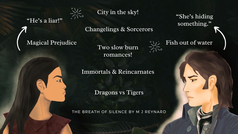 Illustrations of a POC woman in leather armour and a Caucasian man in a Regency style shirt and coat with brown hair.
The following quotes:
"He's a liar!"
"She's hiding something."
City in the sky!
Changelings & sorcerors
Magical Prejudice
Fish out of water
Two slow burn romances!
Immortals & Reincarnates
Dragons vs Tigers
The Breath of SIlence by M J Reynard
