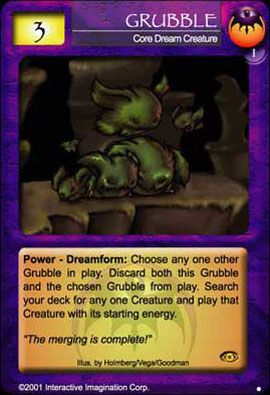 A trading care featuring several "grubbles", a group of small hairy creatures with floppy ears that huddle close together.