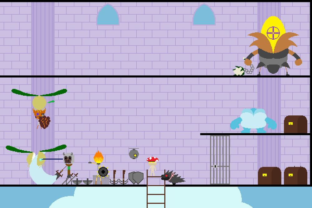 Several adventurers fight giant flying onions in a dungeon corridor. One of the onions lifts a goblin adventurer off the ground.