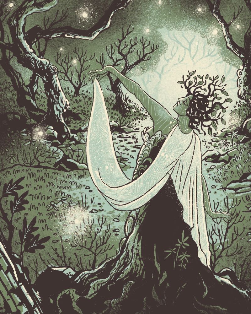 A vintage styled illustration in a limited green and blue color palette with lots of ink and grain texture. Light is trickling into a twisting fairy tale forest to shine on a beautiful forest spirit emerging from tree roots. She is in a glamorous pose like a silent movie star with a sheer glittering scarf and tree branches for hair. 