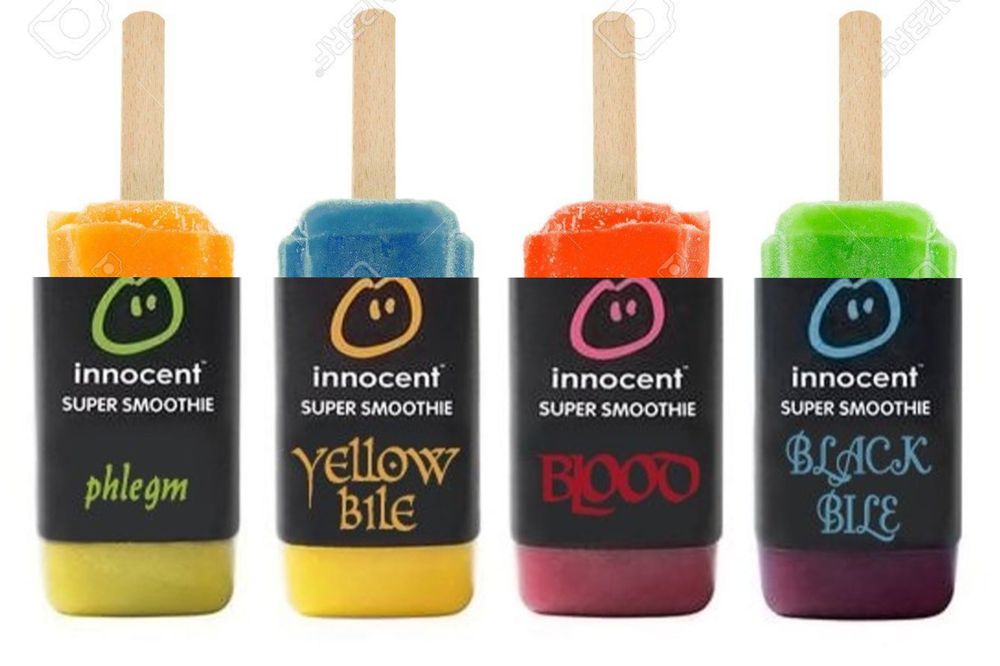 Four popsicles, each labelled with a different galenic humour