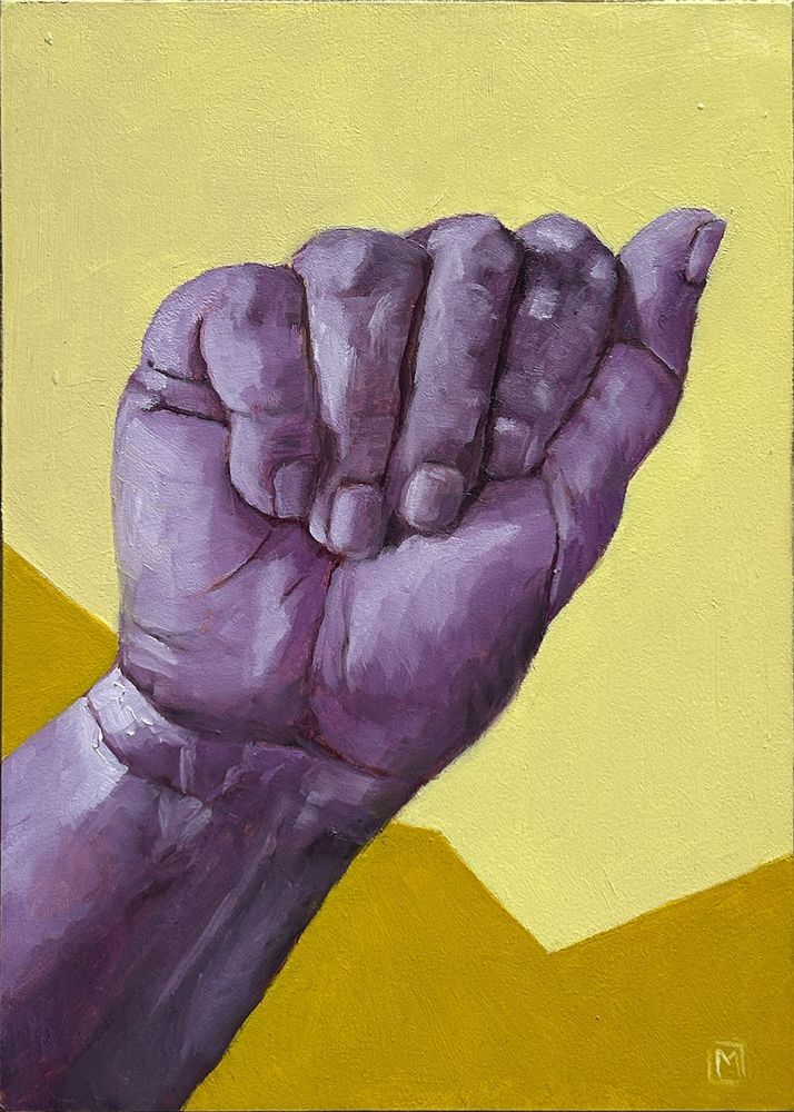 Oil painting of a purple right hand  signing A against a graphical bright yellow and ochre background.