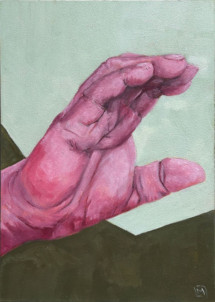 Oil painting of a muted pink right hand signing C against a graphical mint green and deep sage background.