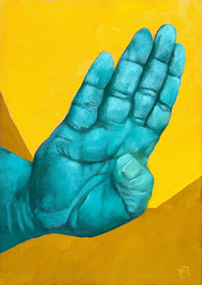 Oil painting of a turquoise right hand signing B against a graphical pale orange and ochre background.