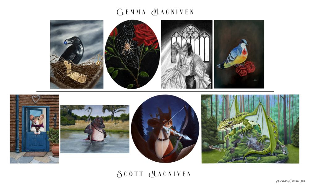 Gothic romantic fantasy art, animals, anthropomorphic creatures, dragons and more from both Gemma Macniven and Scott Macniven. Crow, Raven, spider, roses, Dracula, bleeding heart dove, Hollows Glen, Martin Pentale, mouse, hippoposthumous, hippo, river, squirrel, archer, Comyn, forest dragon.