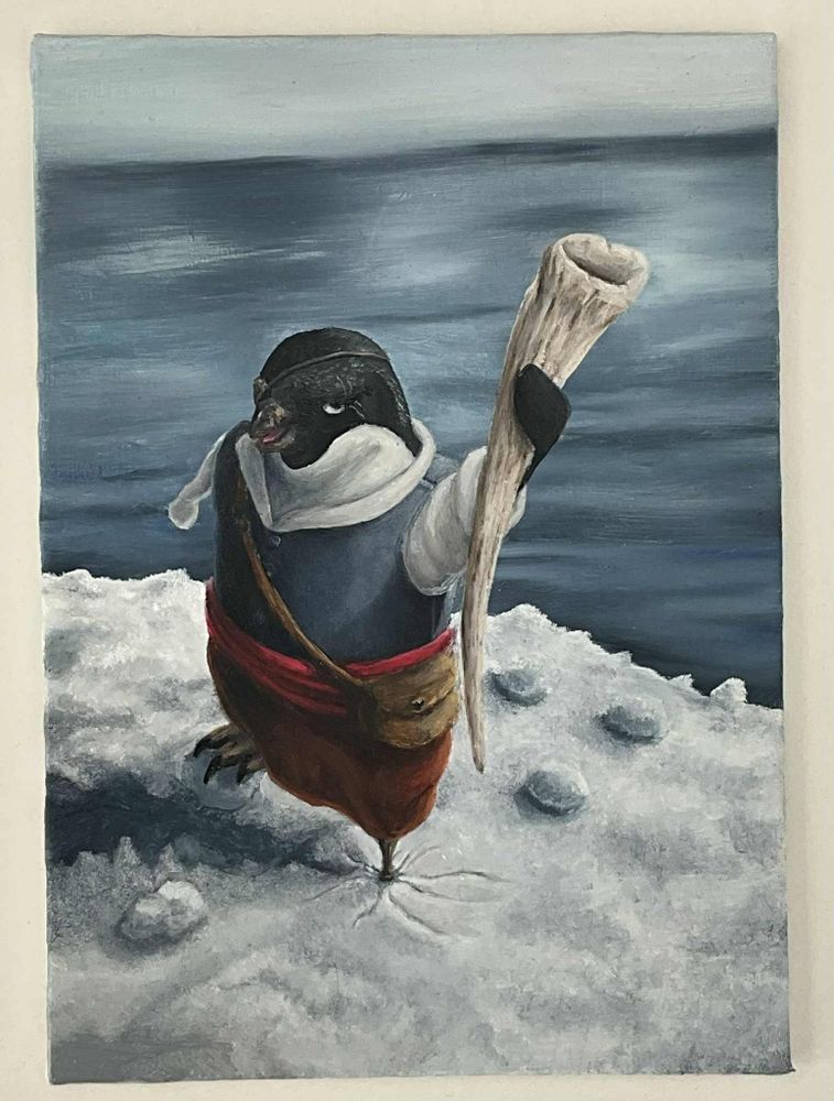 Oil painting of a penguin pirate holding an orcas hollowed rib bone up to the viewer. He is missing a flipper, a leg, an eye, and has scratches all over him from his travels. He stands atop an ice outcropping with the cold depths of the ocean behind him. This is one grizzled anthropomorphic creature from Hollows Glen, who is feeling victorious after a long voyage chasing the orca that killed his friends and family.