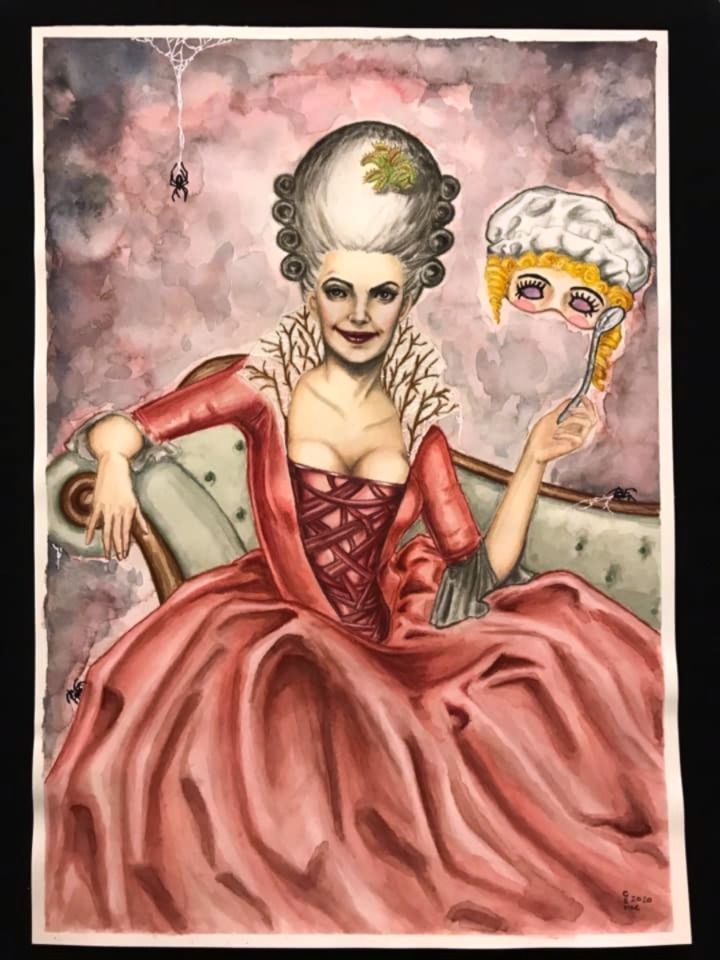 Little Miss Muffet, or perhaps the spider herself? This baroque style watercolour sees the woman sitting in her party dress on a chaise lounge with her mask in her hand. With glitter spider webs and tiny little friends everywhere.