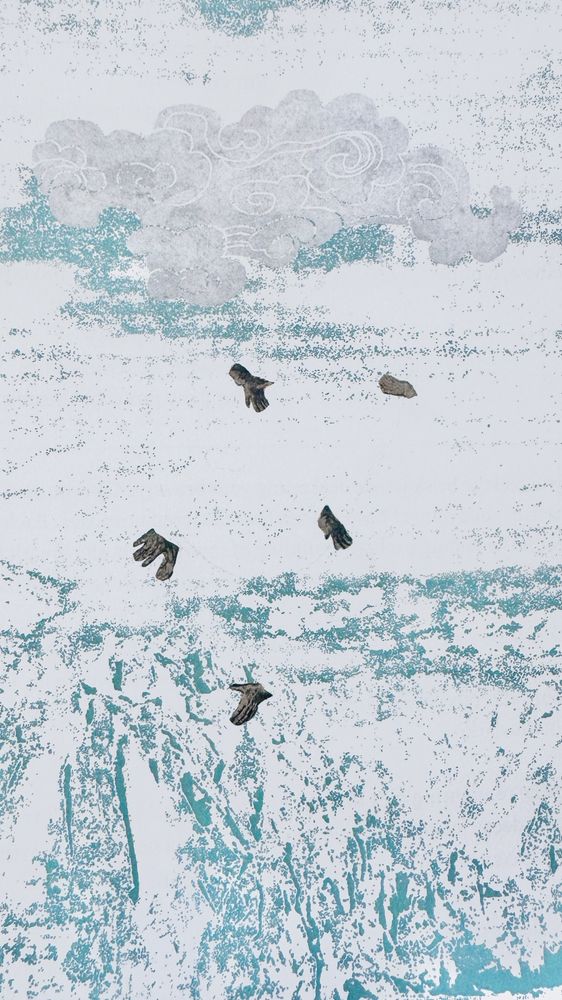 Artwork with icy mountains and collaged cut out black and white photos of hands falling like rain from a large cloud


