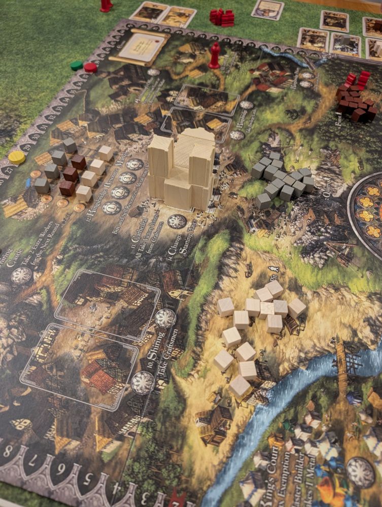 Had my first play of The Pillars of the Earth, getting it off my Shelf of Shame (whew!). It's an enjoyable middle-weight worker placement game. This should be an easy teach: buy cards from the market; place your master builders on the board; and follow a sequence to get rewards and ultimately convert cubes to points. Repeat 6 times and there's NO end game scoring. The draw for picking up the game was the master builder mechanic: your 3 pawns go into a bag, then are drawn out 1-by-1 and you have to pay 7/6/5/4/3/2/1/0 as it progresses, or pass and place later for free. If you wait, good board spaces may be taken. Card management requires tough choices. As the game progresses, market cards get better but more expensive. I found resources were tight, but not so tight that it wasn't enjoyable. There isn't a lot of variability, so I don't know how well it will stand up to a lot of plays. But if I play it half a dozen times, it'll be worth it. We played with 3 players, and I think 3-4 is the right number. A friend described a video where with some variant rules playing at 2 seemed OK. It's a keeper for now. I understand there is an expansion so I'll be looking into what that adds. 