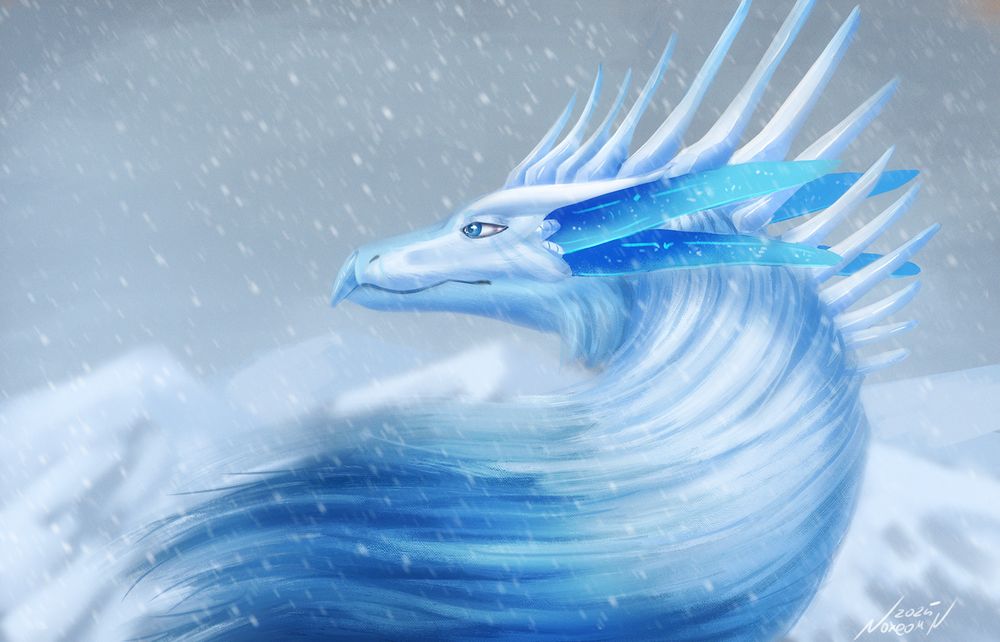 Portrait of white and blue dragon being in the mountains during some snowfall 
