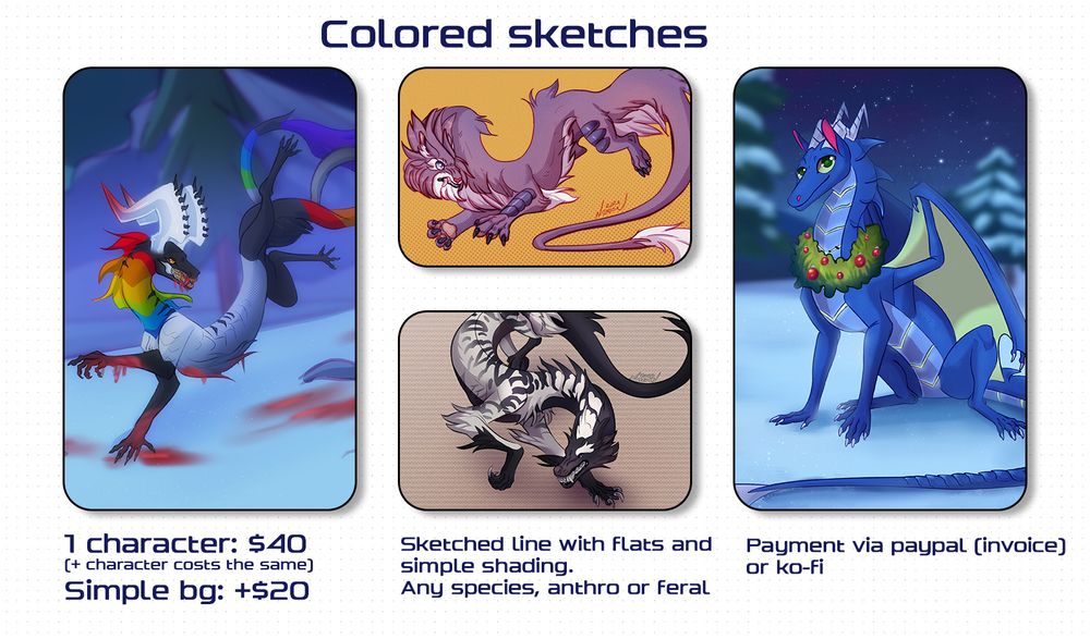 Price list for colored sketches

1 character: $40
Simple bg: +$20

Any species, anthro or feral

For nsfw additional fee applies (+30%)

Payment via paypal invoice or ko-fi