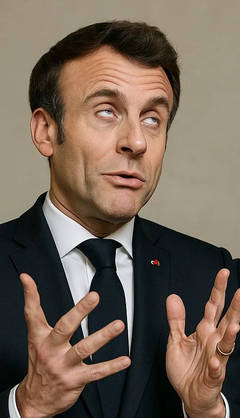 AI generated image of Emmanuel Macron in mid-talk with a sarcastic expression. 