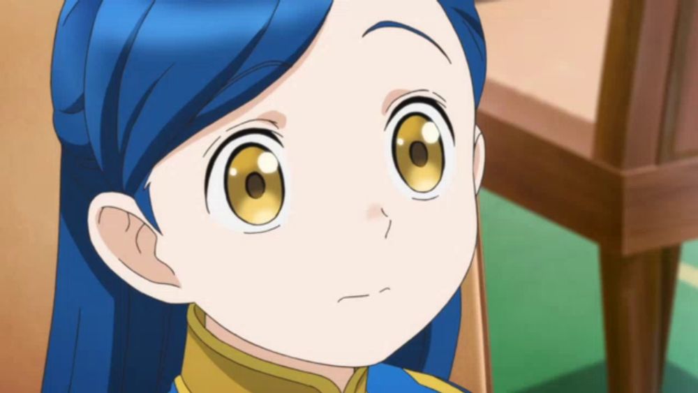 a blue haired anime girl with yellow eyes looks at the camera